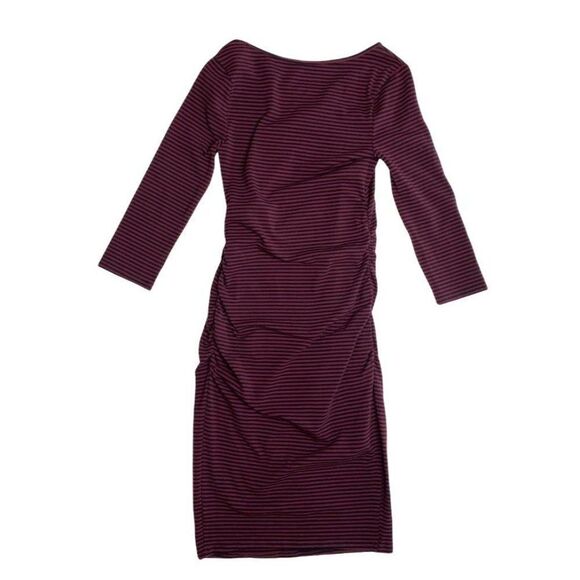 Isabel Maternity Midi Dress Women's Small Red Black Stretchy Striped Shirred NEW - Picture 2 of 9